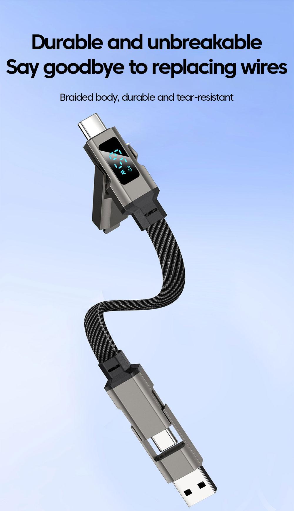 65W 4 in 1 Digital Display Super Fast Charging Keychain Data Cable Intelligent Digital Display Short Wire for iphone17 Samsung