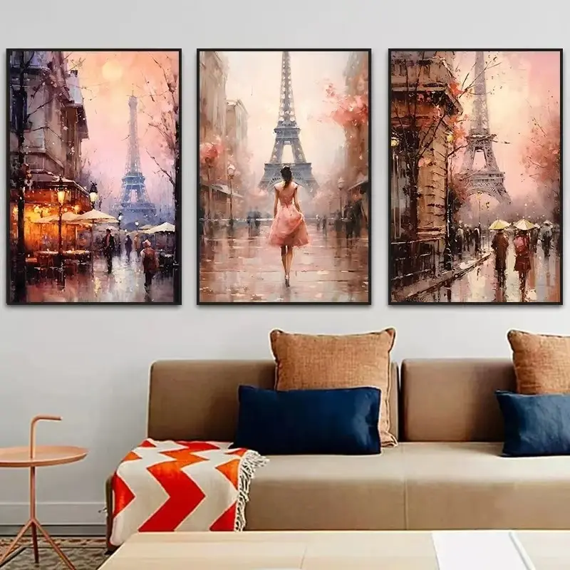 3pcs Modern Paris Romantic Love Canvas Hanging Poster Art Enchanting Landscape Oil Painting Living Room Bedroom Mural Frameless Decorative Painting