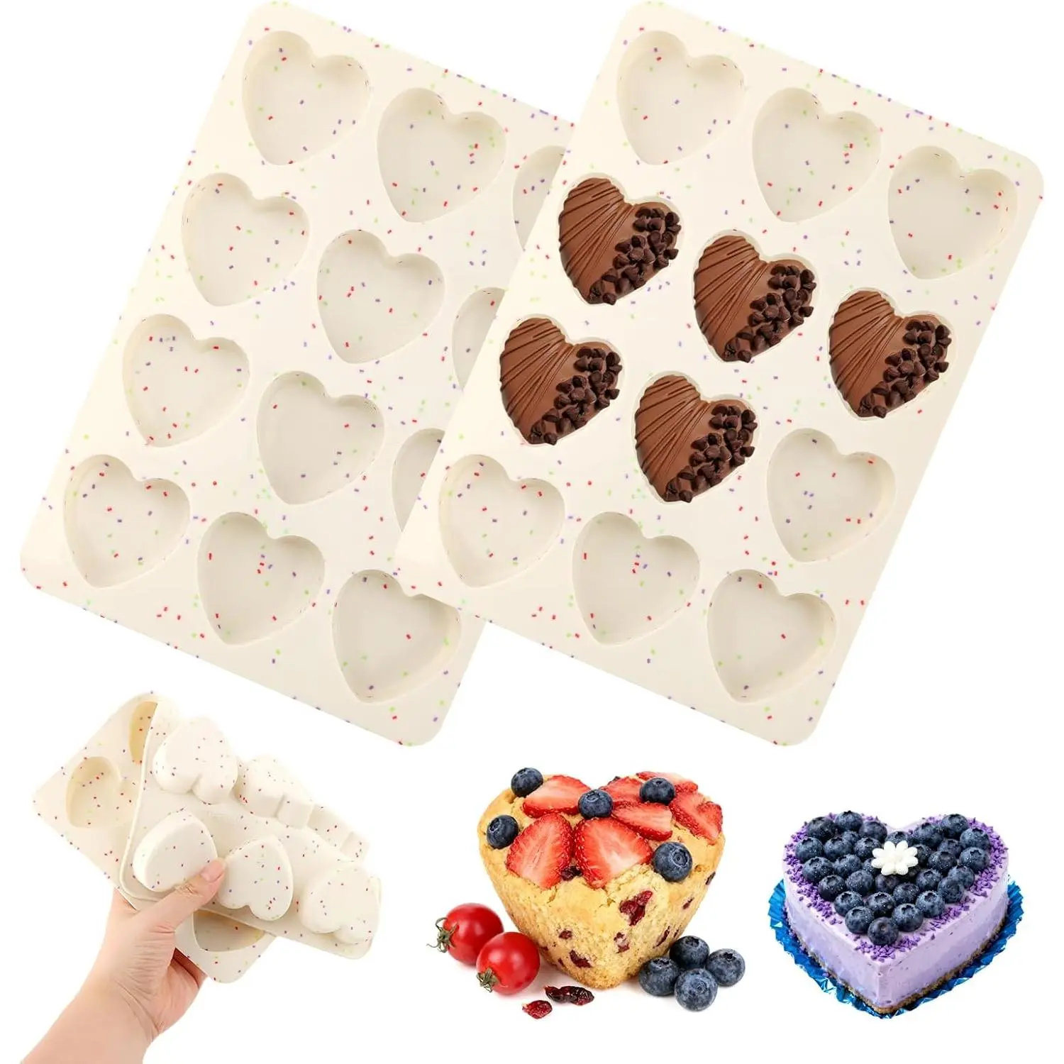 2 Pack  Heart Muffin Pan, 12-Cavity Nonstick  Molds Bakeware Supplies Cupcake Pan for Baking Muffins Cakes Tartlets Egg Bites  Wedding Valentine's Day  Party(COLOR:Cream)