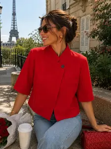 Women's Jackets Blazer For Women White Short Sleeve Summer Jacket Women Asymmetric Button Closure Single Pocket Detail Elegant Women's Clothing Office Look Spring Woman Vintage Clothing