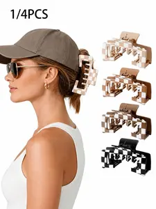 1/4 Pcs Large Two-Tone Plaid Square Hair Claw Clip – Strong, Non-Slip Grip; Suitable for Thick or Fine Hair. Ideal for Daily Commuting, Travel, Hawaiian Beach Vacations, Parties, and More. Women's Hair Accessory.