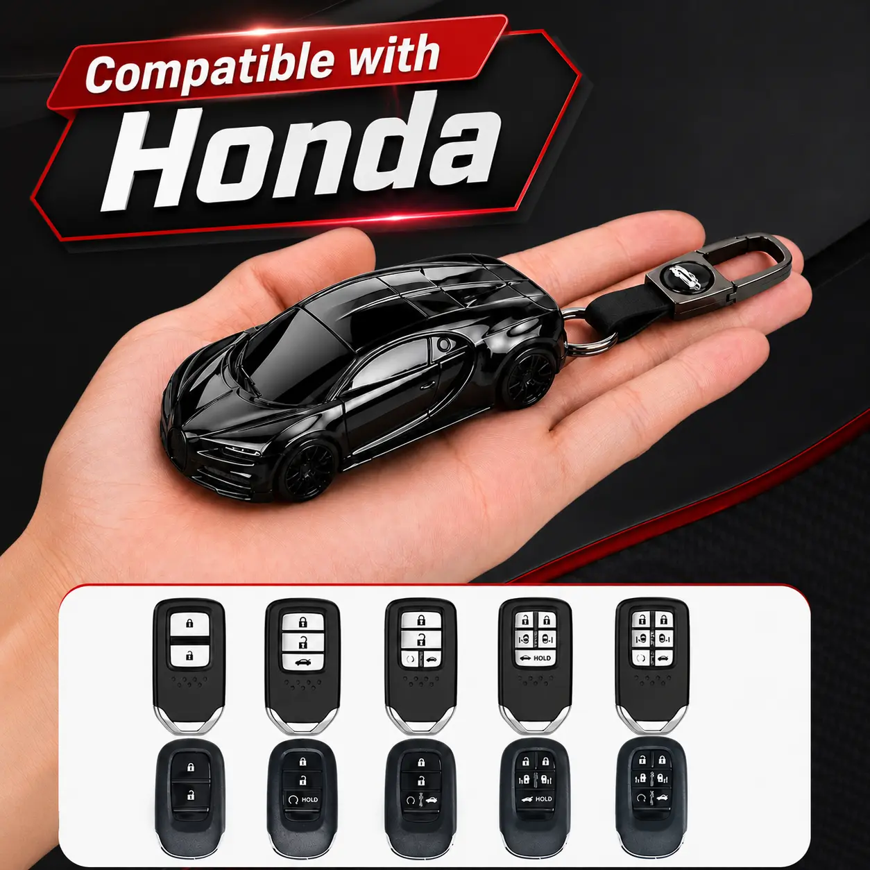 Honda Key Fob Cover Case, Sporty Car Key Shell with Full Protection Design, Fits Accord Civic CR-V Pilot HR-V Vezel Jade Crider EX SI Sport and More 2-7 Button Models, ABS Plastic Remote Key Holder Auto Interior Accessory