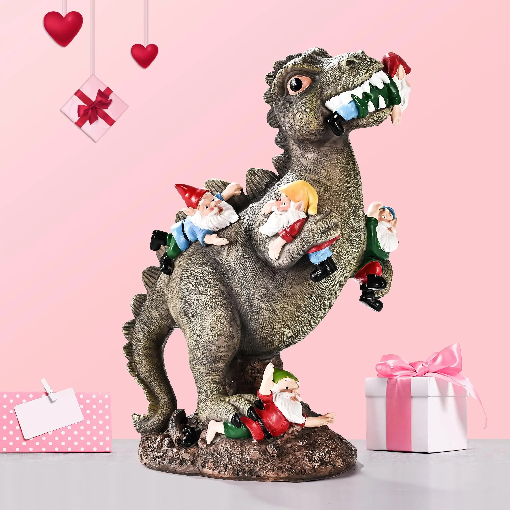 Hilarious T-Rex Dinosaur Eating Gnomes Statue, Quirky Garden Yard Decor, Unique Outdoor Sculpture, Fun Lawn Ornament, Novelty Park Feature, Resin Figurine Statue