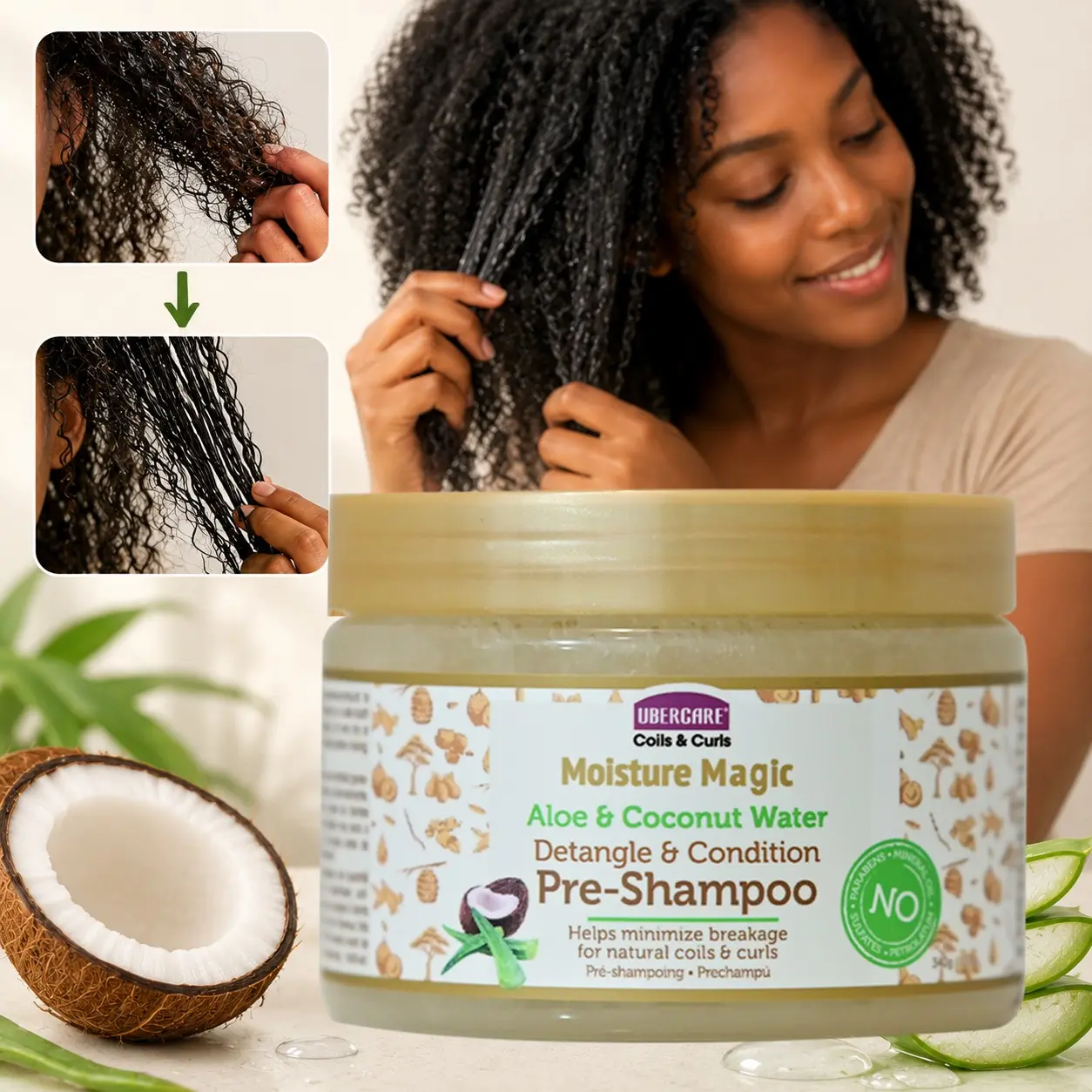 Pre-Shampoo Hair Detangler for Coils & Curls, Aloe & Coconut Water Pre-Wash Hair Care, Helps Soften Knots and Tangles for Curly, Coily and Textured Hair, Haircare Product, 12 oz
