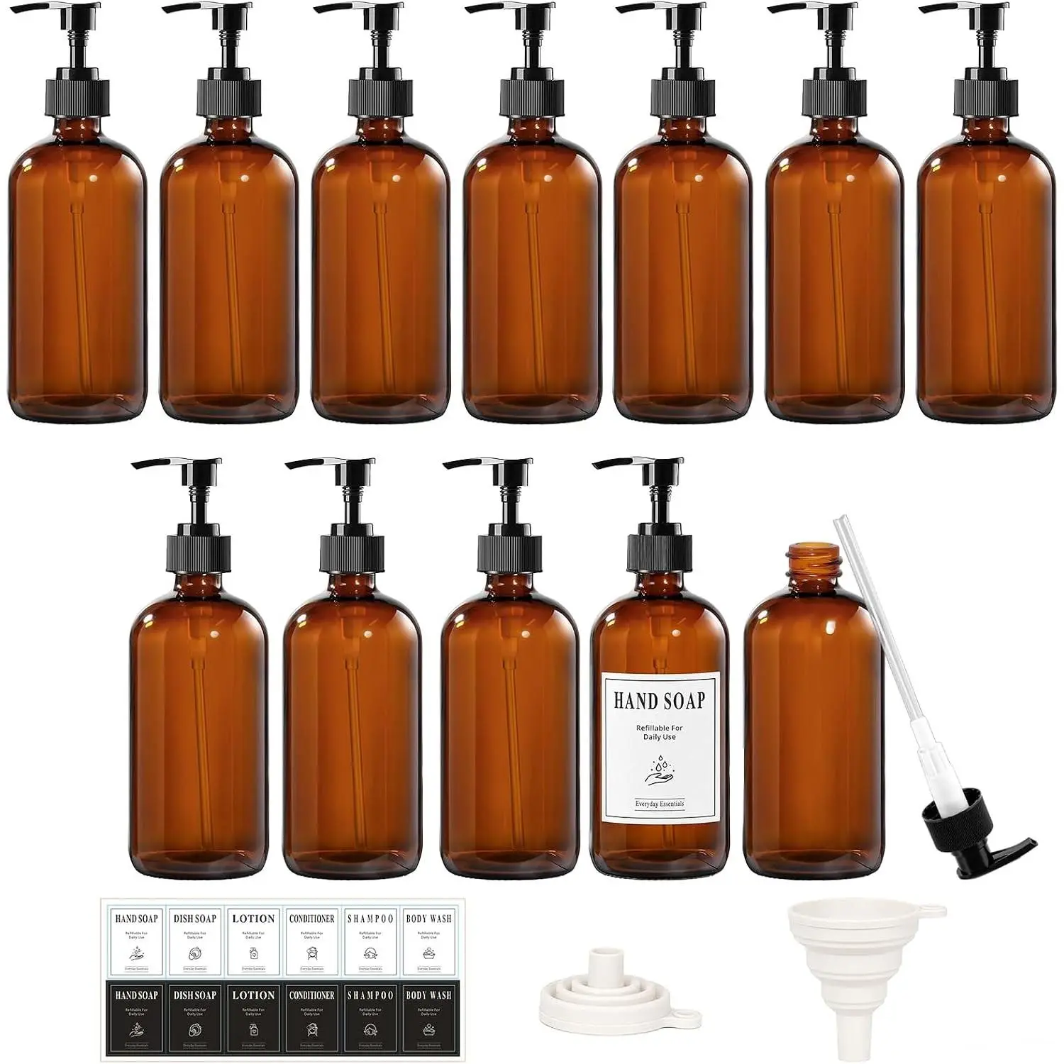 12 Pack 8oz Amber Glass Bottles with Pump Dispensers, Refillable Soap Dispensers for Shampoo, Conditioner, Lotion & Body Wash, Bathroom & Kitchen, Includes 2 Funnels & 12 LabelsGift