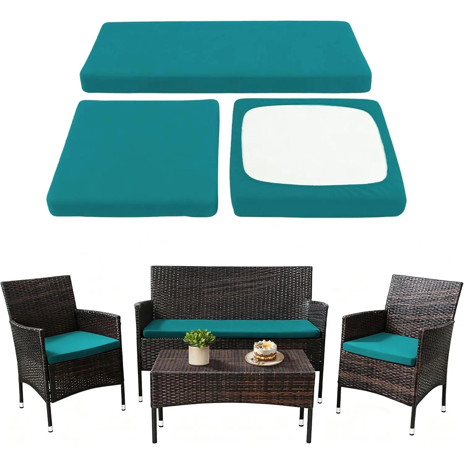 Waterproof 3-Piece Sofa Cushion Cover Set - Covers for Wicker Furniture, Bench & Seat