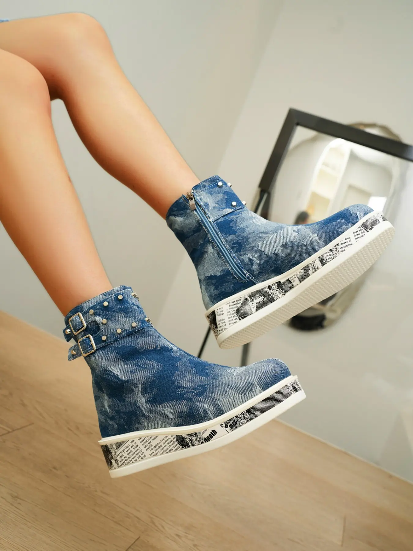 New American Street Style Dyed Denim Wedge Short Boots, Unique Thick Sole Height Boost, Rivet Decoration Motorcycle Boots, Studded Boots