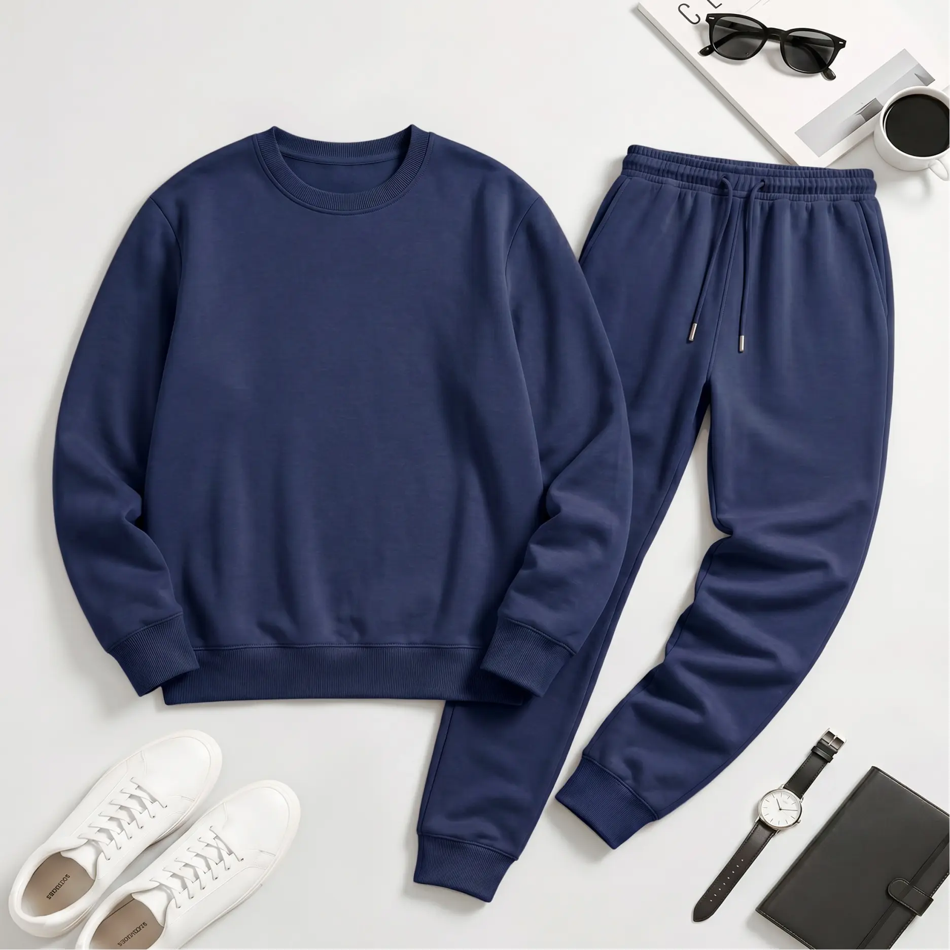 Men's Solid Crewneck Sweatshirt and Jogger Pants Set, Casual Long Sleeve Pullover with Drawstring Sweatpants, Comfortable Fall Winter Tracksuit for Daily Wear, Travel, Lounge, Workout and Indoor Outdoor Activities