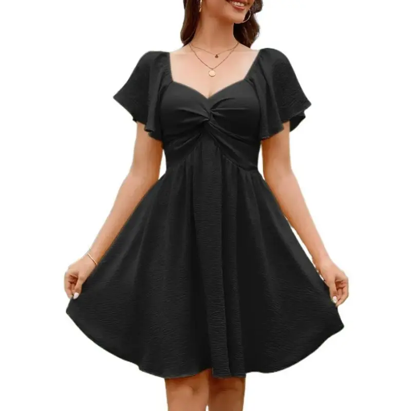 ZQ Women's Minimalist Basic Casual Lady Summer Chiffon Dress - Sweetheart Neckline, Front Tie, Ruffled Short Sleeves, A-Line Silhouette, Back Tie, Flowing Hem, Comfortable, Breathable, Suitable for Parties, Vacations