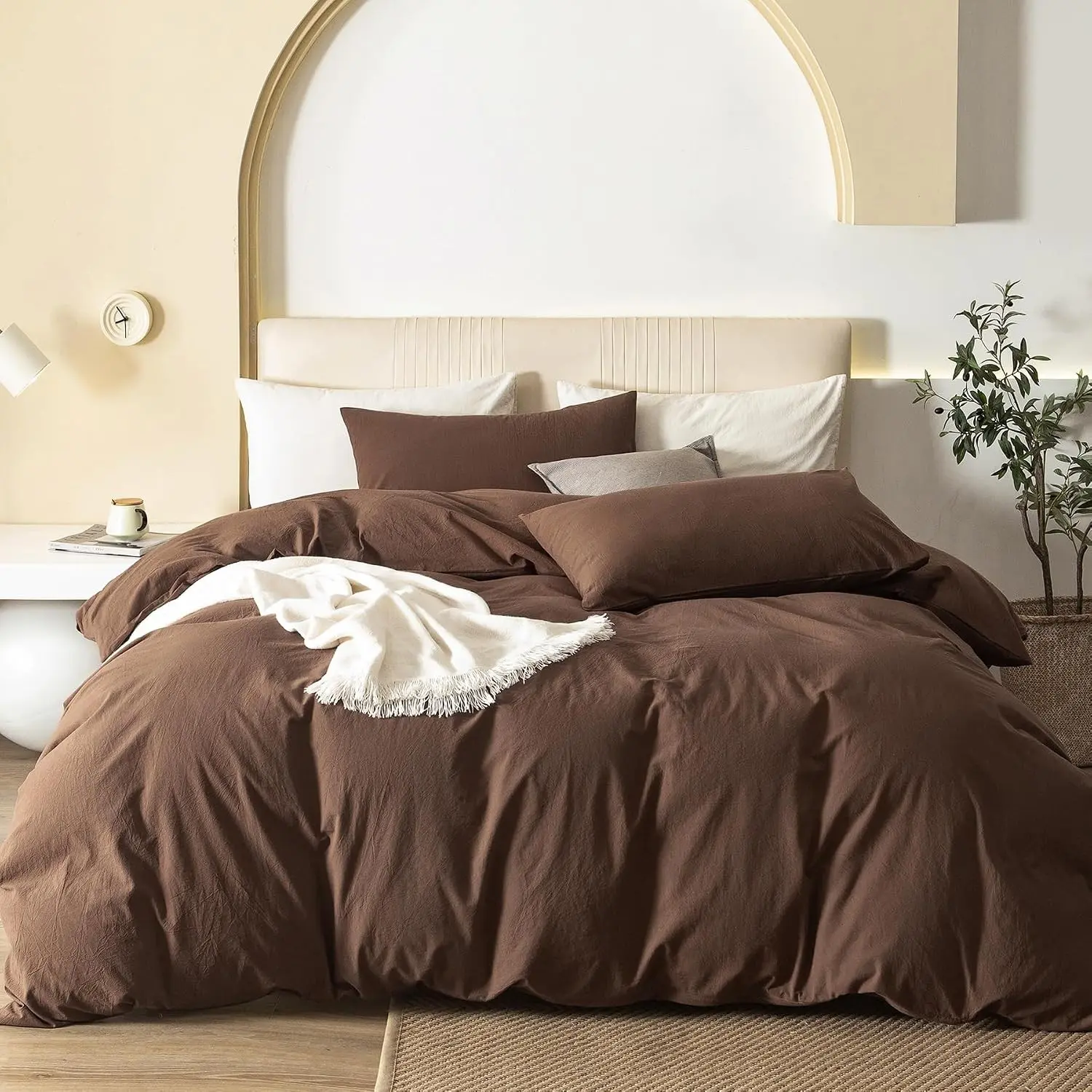 Chocolate Brown Queen Size Bedding 3-Piece Duvet Cover Set - 100% Washed Cotton, Linen-Like Soft & Breathable, Zippered Closure, Includes 90x90in Cover & 2 Pillowcases, Three-Piece