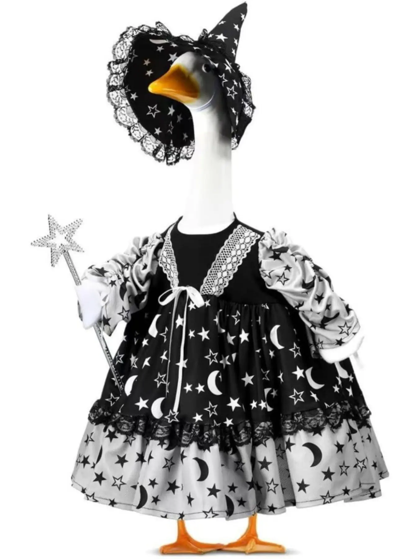 Witch Porch Goose Outfit Halloween Fall Costume for 23 Inch Cement Goose – Black Lace Dress & Hat, Weather Resistant Fabric, Spooky Outdoor Lawn Garden Patio Decor