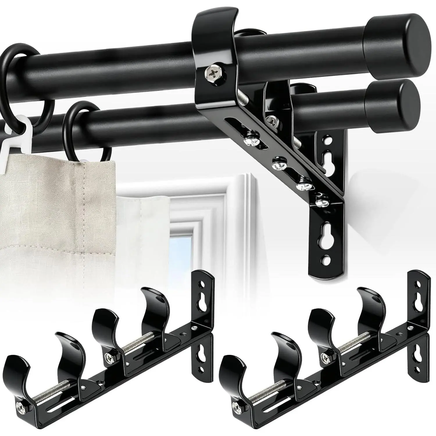 Curtain Rod Bracket, Double Curtian Rods Holders Hooks Hangers | 2 Pack, Black, Heavy Duty, Adjustable, Wall Mount, Fit for 5/8in to 1-1/2in Dia Drapery Poles