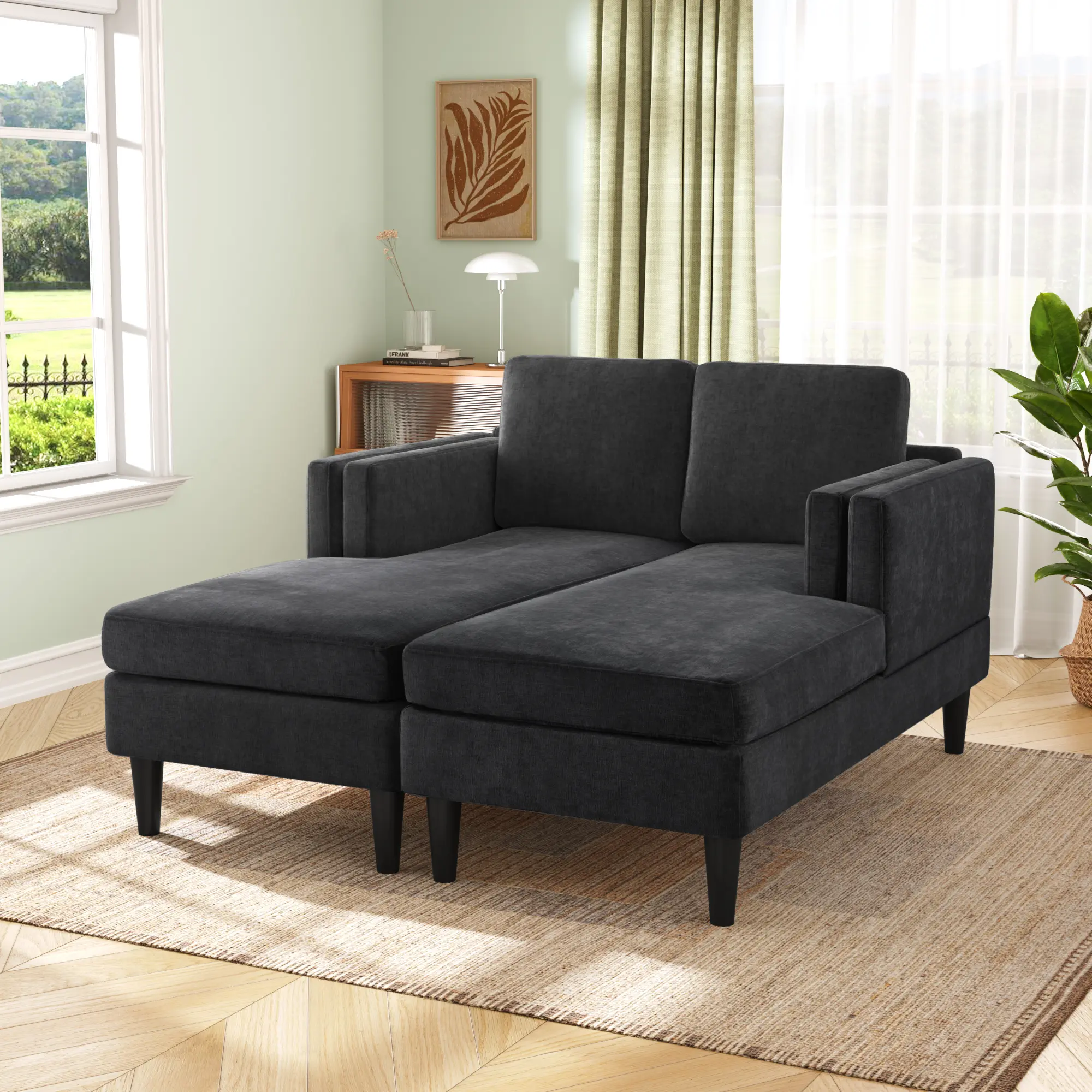 ARCH Modern Chaise Lounge Sofa Bed 53.5" Upholstered Couch with Dual-Layer Armrests Free-Combined Sofa Chaise for Living Room Bedroom Guest Room Black, Living Room Furniture for Apartment, Lounge, Family Room, Office and Home Seating