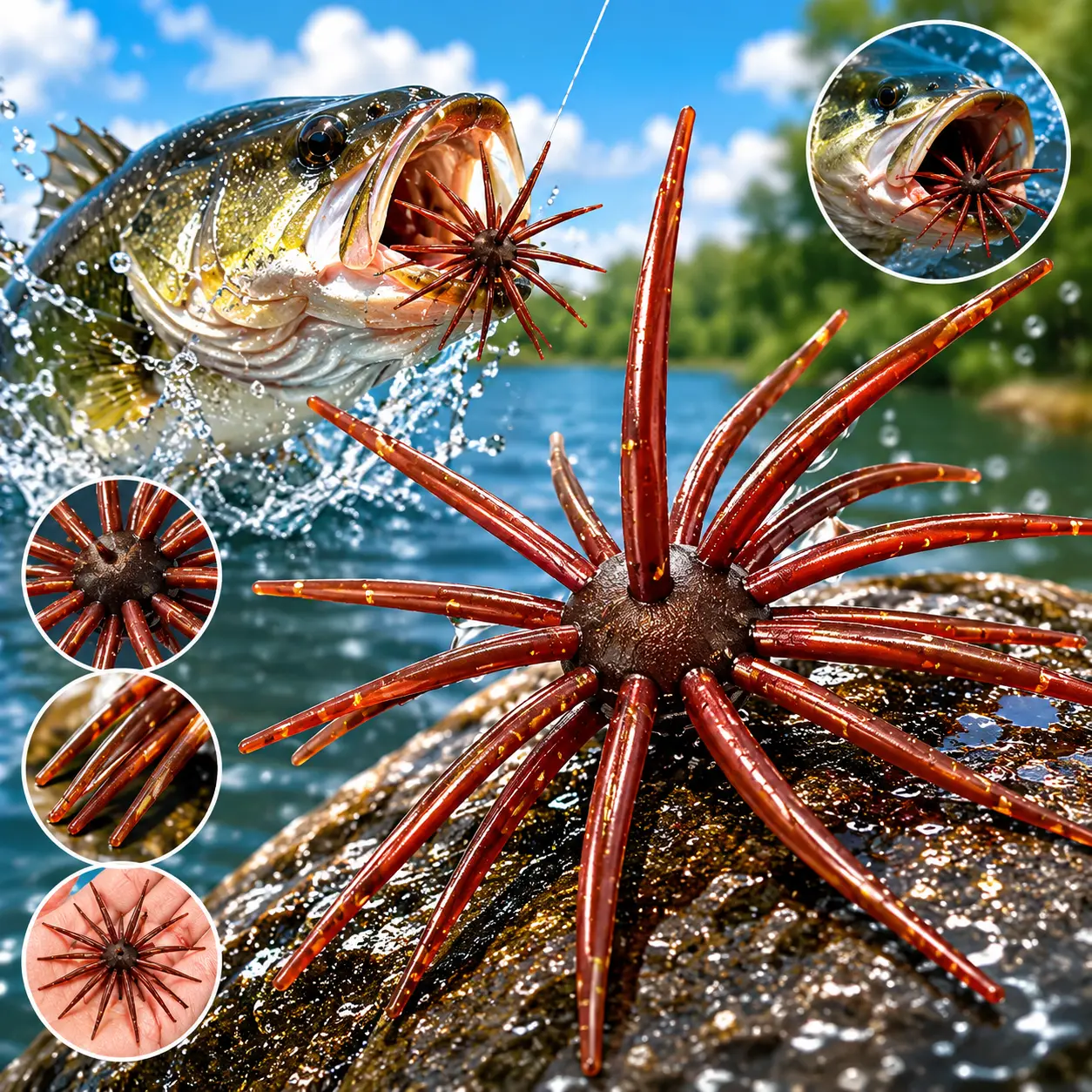 2-Pack Sea Urchin Fishing Lures, TPE Biomimetic Soft Floating Swimbaits, Realistic Topwater Strike Action Durable Artificial Baits for Freshwater Bass Fishing, Sea Urchin Fishing Lure