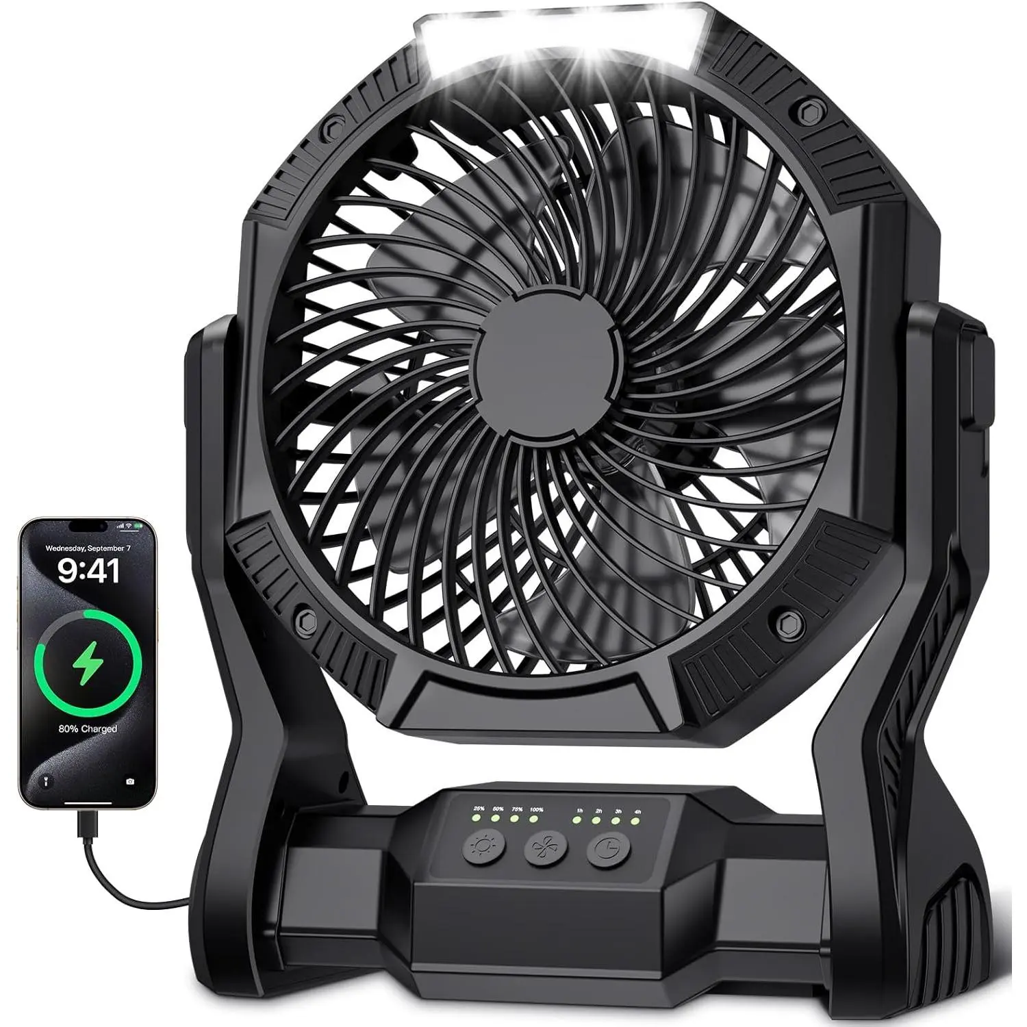 Portable rechargeable fan, supports LED lighting, features a hook design, has a 270-degree adjustable wind direction, 4-speed settings, and a 4-hour timer function.It is an essential device for outdoor camping, tent trips, and barbecues