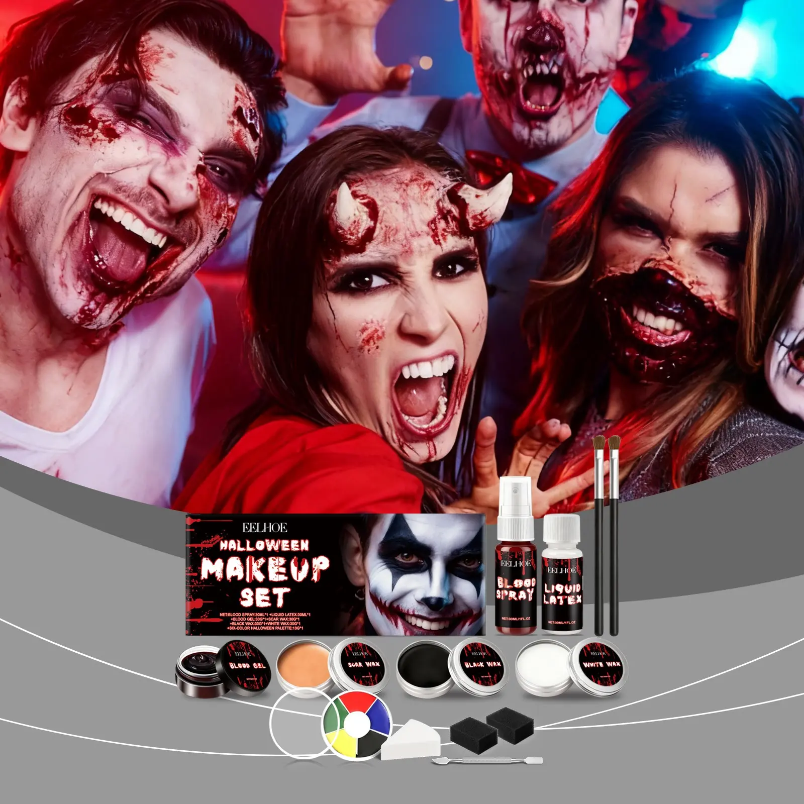 Halloween Makeup Kit Face Paint Set, Professional SFX Makeup Kit with Blood Spray, Liquid Latex, Scar Wax, Color Palette for Halloween Costume Party, Horror Cosplay & Special Effects