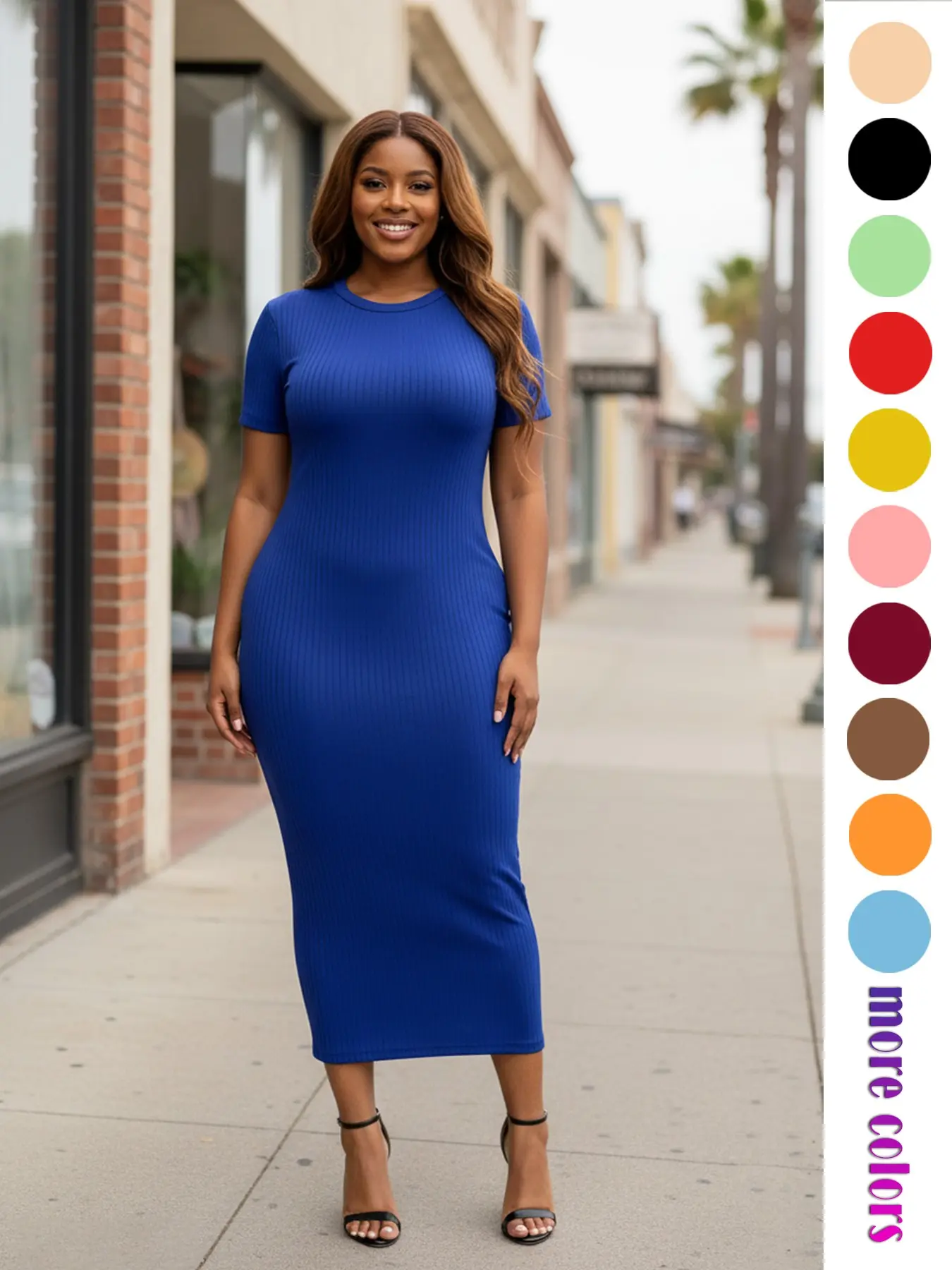 Threaded Elastic Ribbed Solid Color Knit Ruched Bodycon Fit Dress, Breathable Elastic Party Outing Travel Beach Pocket Long Midi Dress, Summer Dress, Everyday Casual Wear, Womenswear