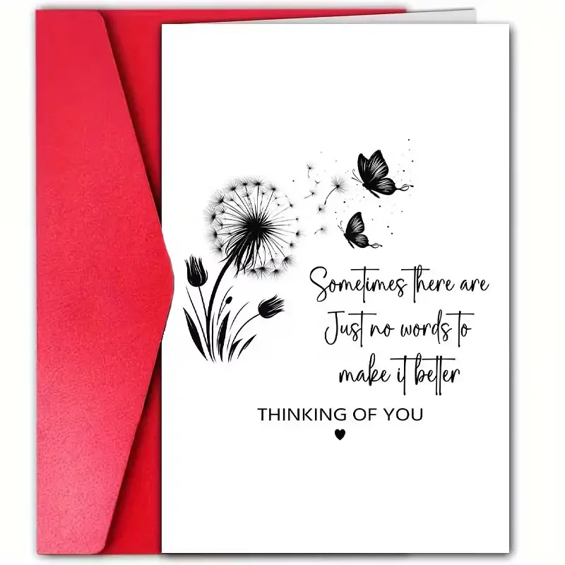 Thinking Of You Sympathy Greeting Card with Envelope, Minimalist Black Dandelion & Butterfly Design Card, Comfort Support Card for Friends and Family, Encouragement Thoughtful Note Card