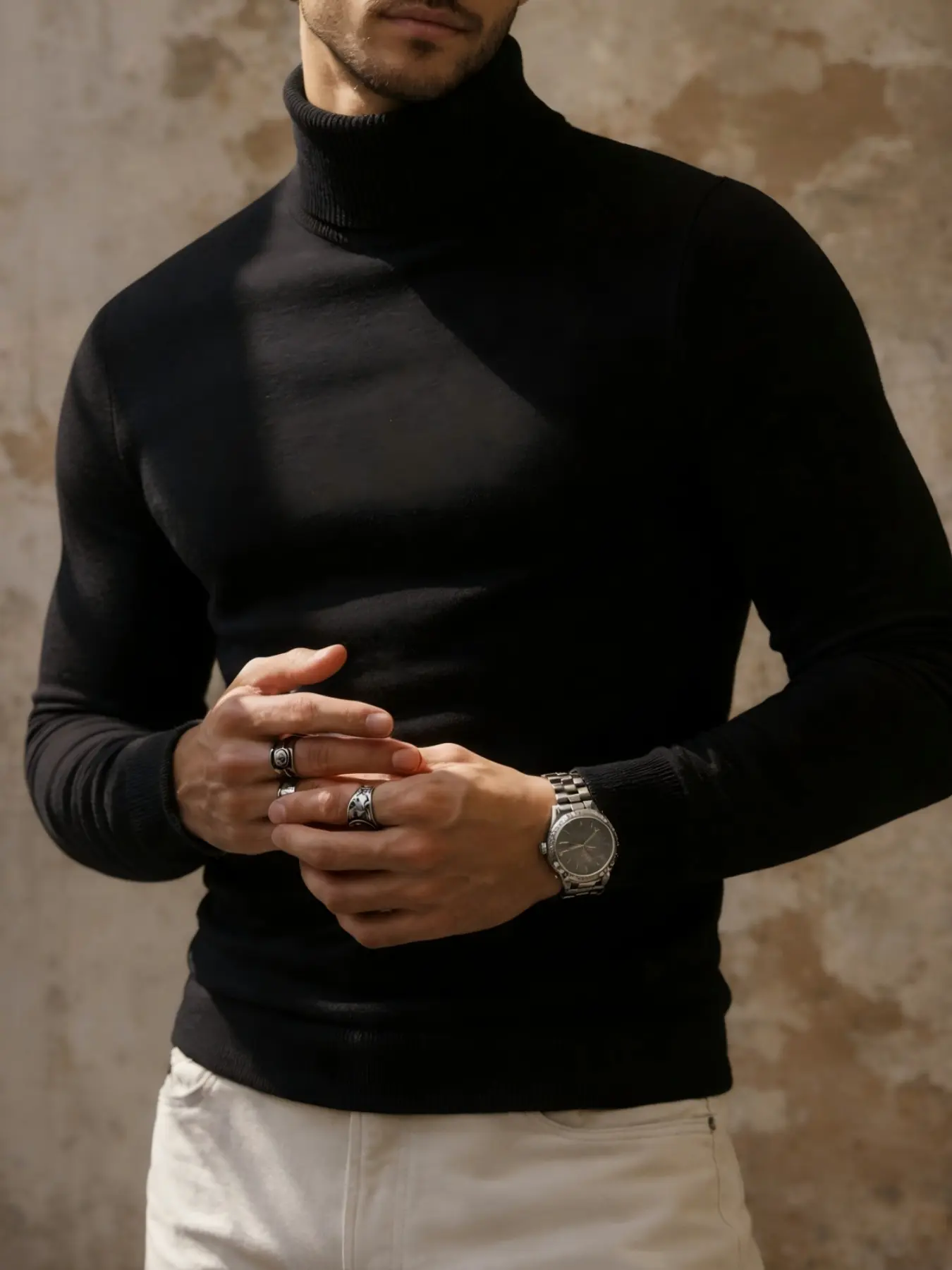 Men's High Neck Sweater, Long Sleeve Soft Stretch Knit Pullover, Solid Thin Ruched Knit Top, Casual Business Streetwear, Knitwear