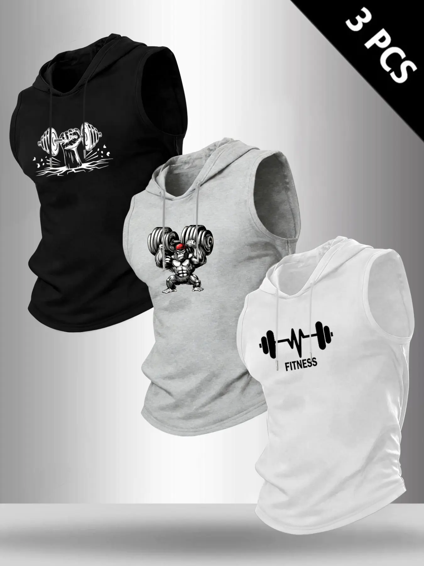 Men Drawstring Hooded Sleeveless Tank Top, Dumbbell Gorilla Fitness Heartbeat Graphic Print Breathable Athletic Vest, Activewear Sleeveless For Gym Weight Lifting Workout Daily Street Sportswear