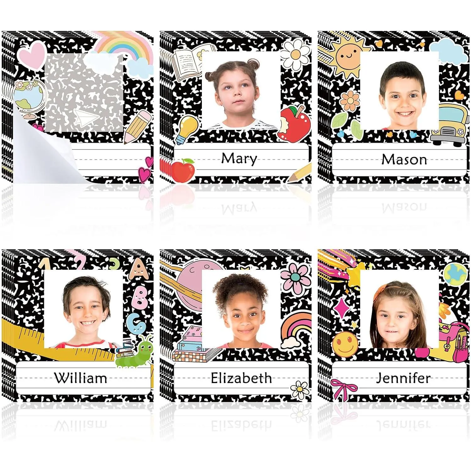 42 count Composition Book Name Tags for Desk  Photo Nameplates for Classroom Desk Bins Cubbies Name Tags Labels Stickers with Photo Self Adhesive Colorful  to School Classroom Decoration