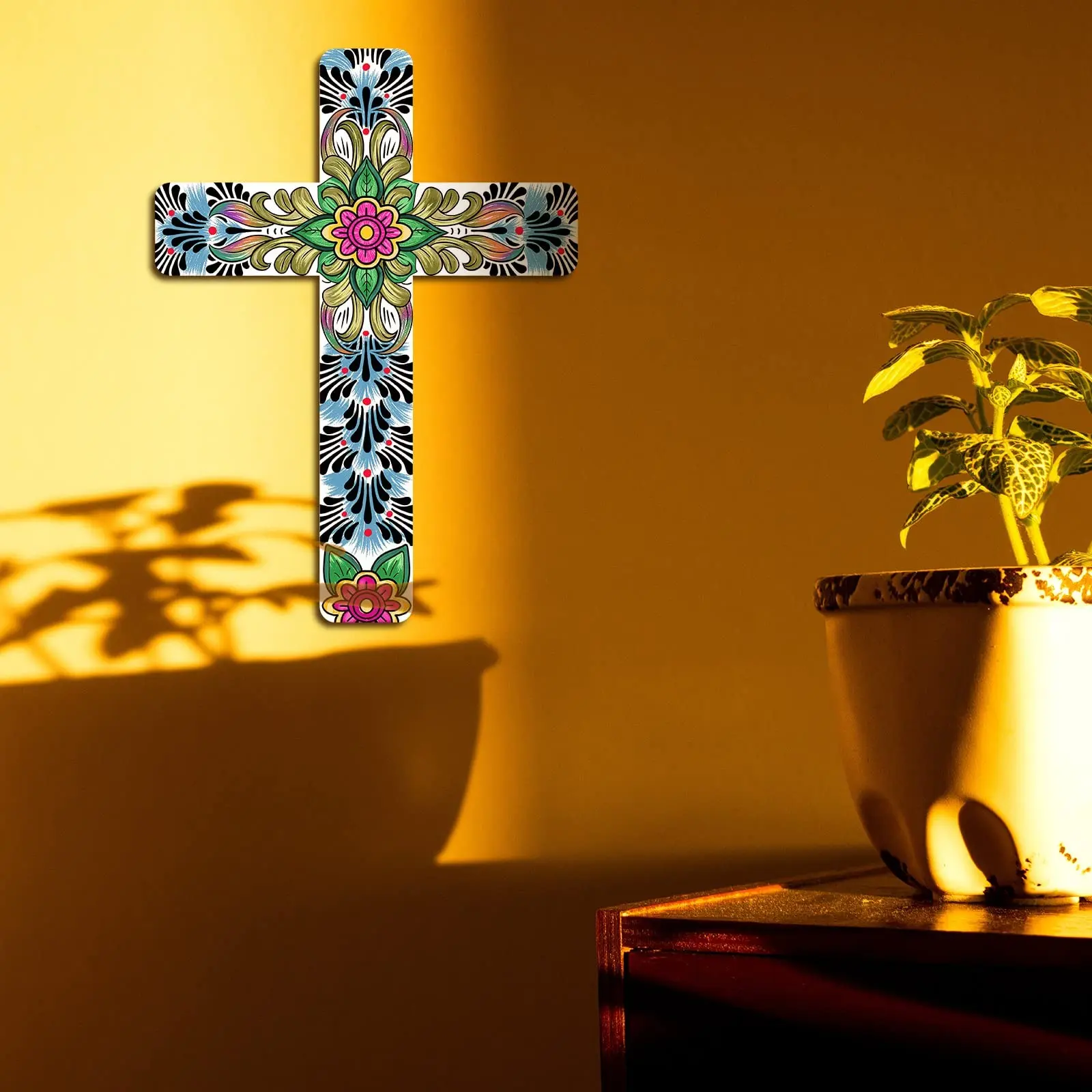 Wooden Cross Wall Hanging, Mexican Folk Art Floral Design, Bohemian Otomi Style Religious Decor, Bedroom, Church, Living Room