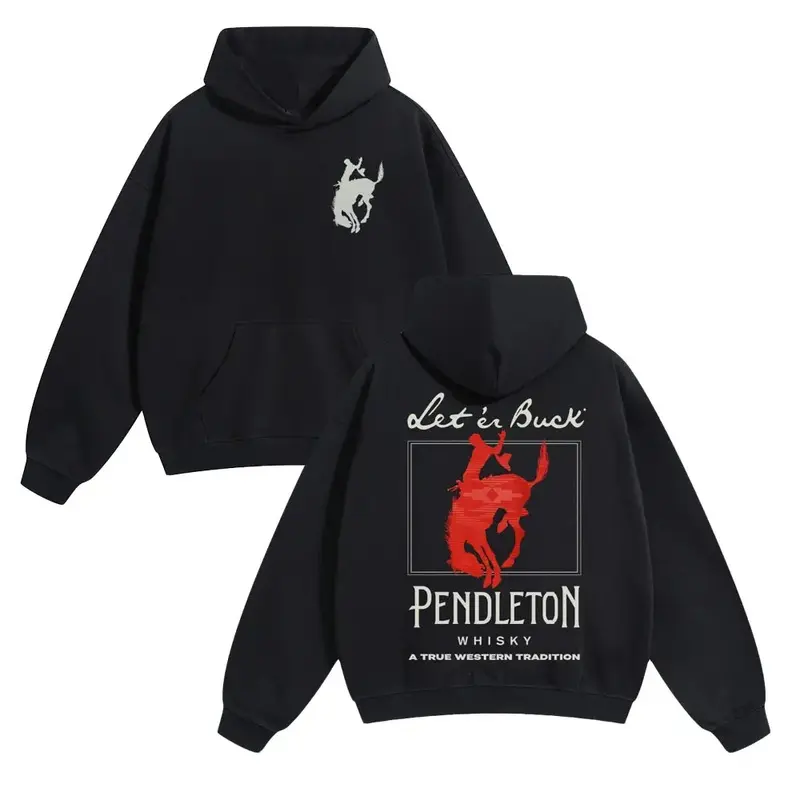 Men's Hooded Sweatshirt - Unisex Western Graphic Print Cotton-Blend Oversized Streetwear, Let 'Er Buck Rodeo Long Sleeve, Machine Washable Oversized Graphic Tee Alternative, All Seasons, Pre-Shrunken