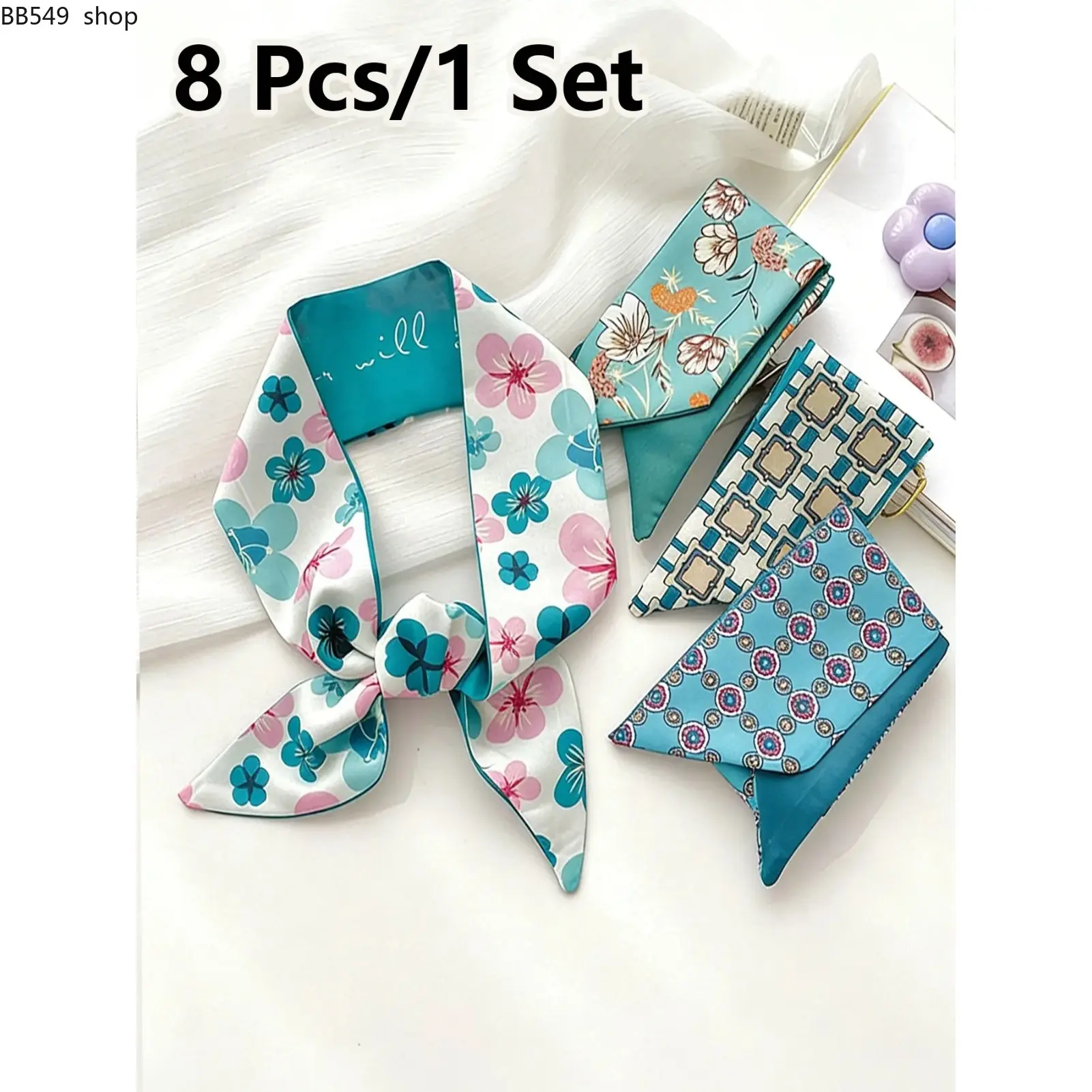 8 Pcs / 1 Set Elegant French Peacock Blue Style Polyester Scarf Set, Vintage Hairband, Hairbands Included, Woven Ribbon, Multifunctional Scarf, Bag Accessory, Women and Girls, Floral Hairbands, Scrunchies, Hair Accessories Set
