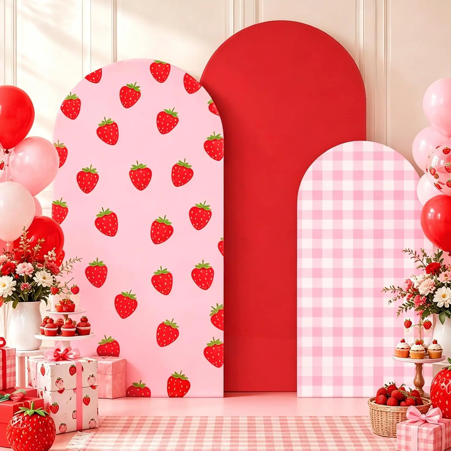 3 count Strawberry Theme Arch Backdrop Covers   Arch Stand Fabric Cover for Birthday  Shower  Party Decoration (4ft/5ft/6ft)