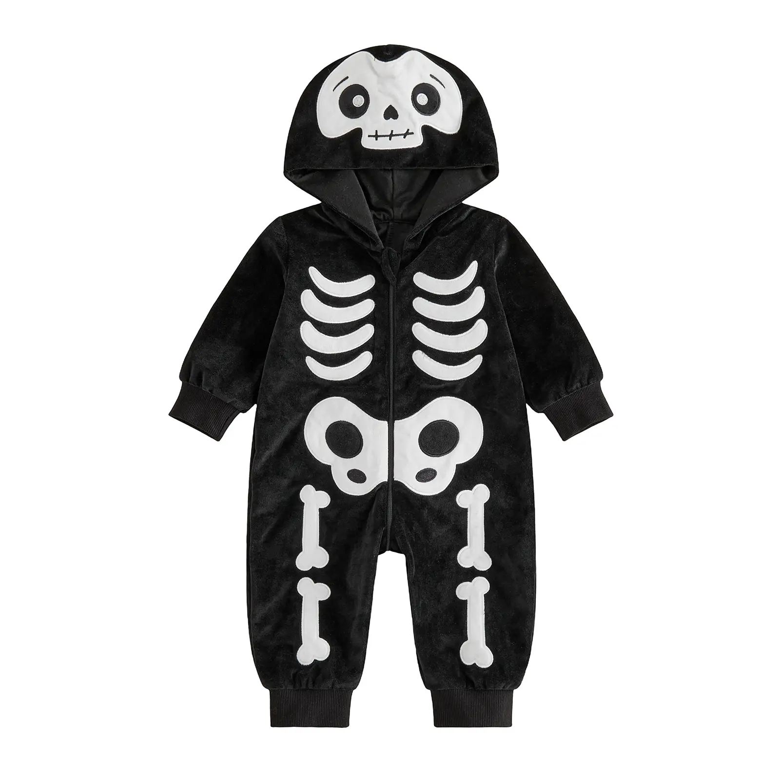 FOCUSNORM Infant Baby Boy Halloween Skeleton Bat Hooded Velvet Jumpsuit Cosplay  Romper Playsuit Fall Winter Clothes