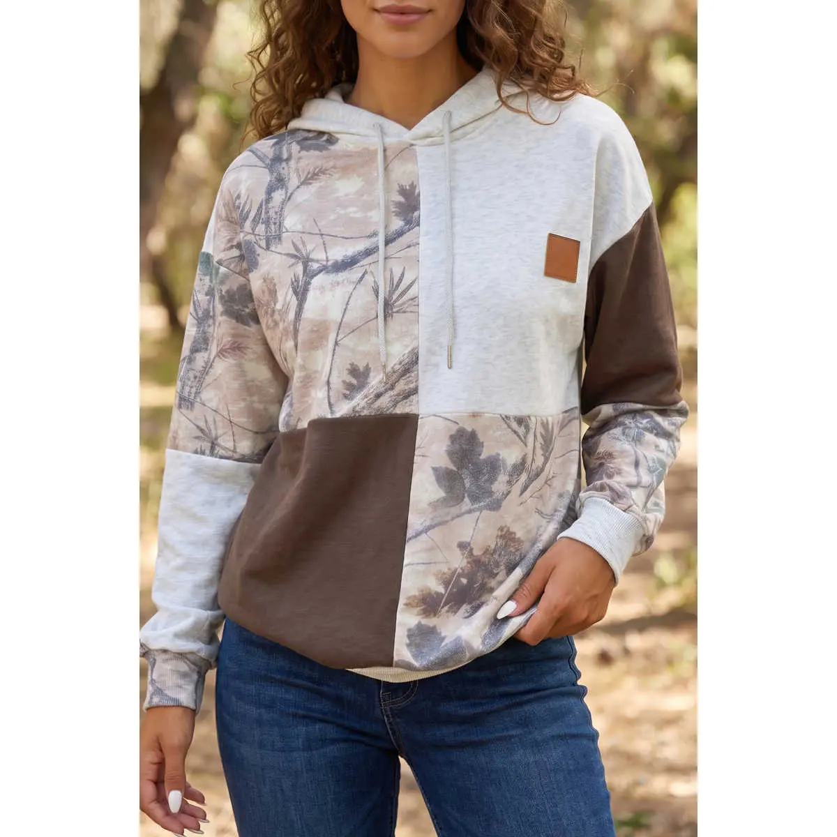 Multicolour Camo Print Drawstring Long Sleeve Western Style Hoodie