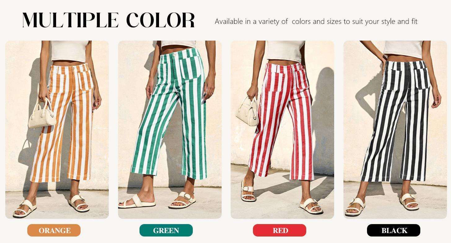 Danedvi Womens Cropped Striped Jeans Casual High Waisted Stretchy Straight Leg Denim Pants with Pockets