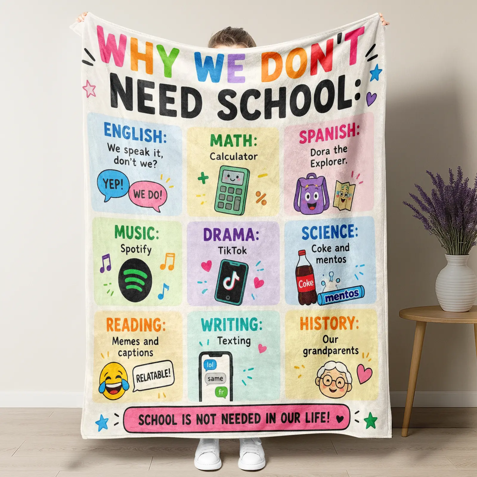 Funny Why We Don’t Need School Meme Throw Blanket,Gen Z Student Humor School Subject Checklist Print Soft Fleece Blanket,Back To School Teen Dorm Bedroom Decor Gift Blanket For High School & College Students