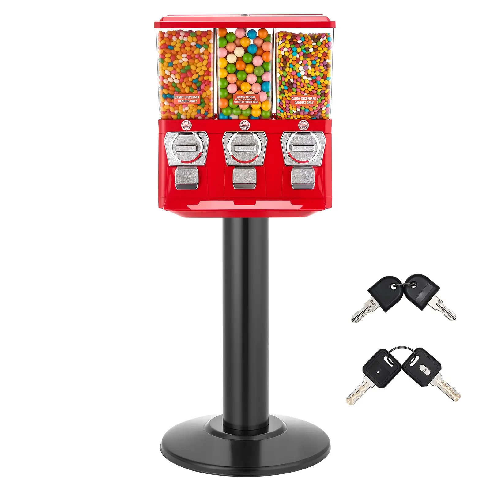 VEVOR Candy Vending Machine, Triple Compartment Candy Vending Machine with Stand, Gumball Candies Vendings Machines with Built-In Cash Box, Detachable, Vintage Candies Dispenser for Shops, Arcades