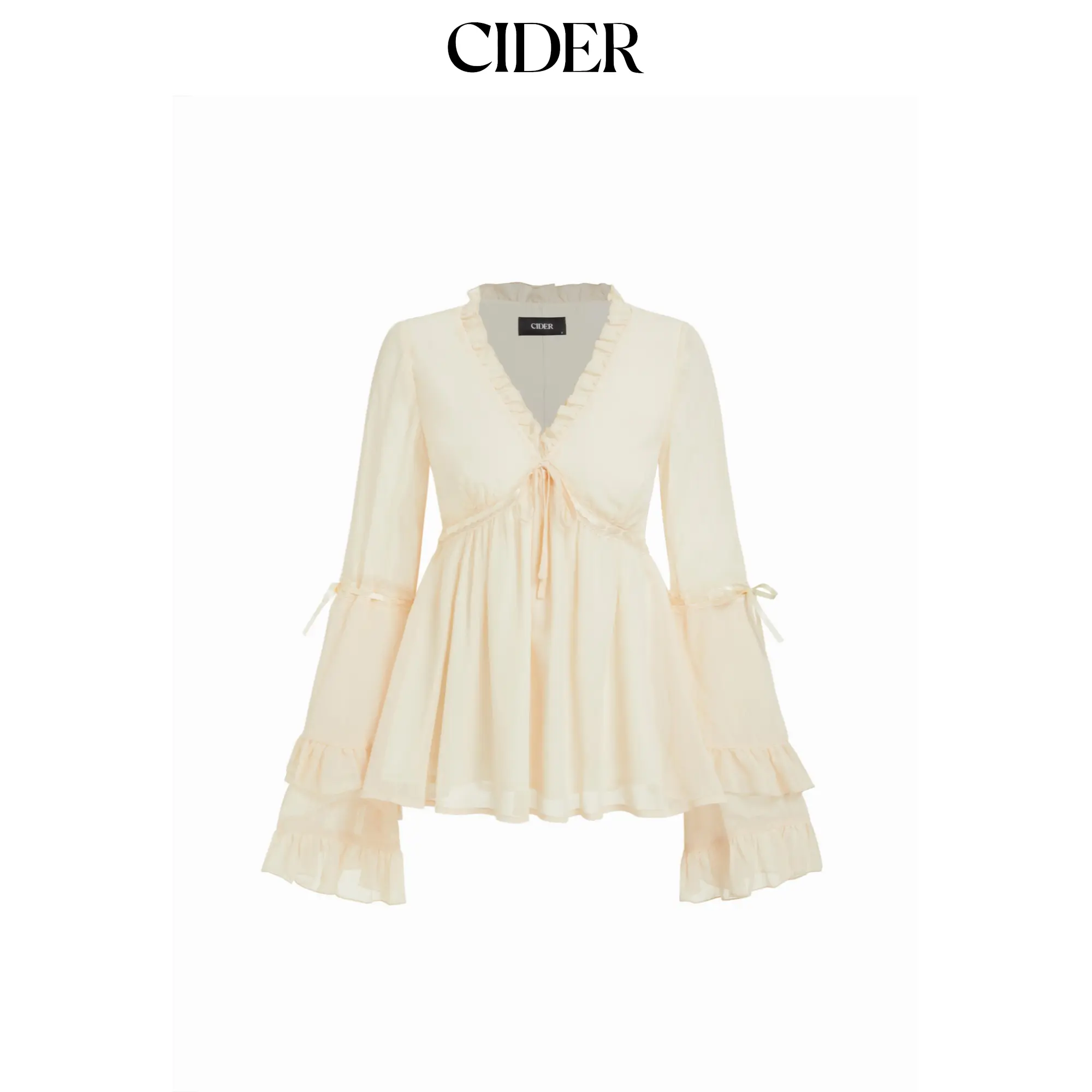 Cider Women's V-Neck Chiffon Blouse with Knotted Detail, Ruffled Bell Sleeves
