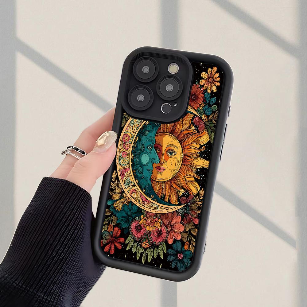 Stylish Phone Case Featuring a Sun And Moon Floral Design, Offering Shock Resistance And Anti-Fingerprint Properties. It Provides Full Coverage And Is a Thick, Soft Protective Case with iPhone 17 E Air Pro ProMax iPhone16 15 14 Plus 13 12 Mini 11 X XS XR