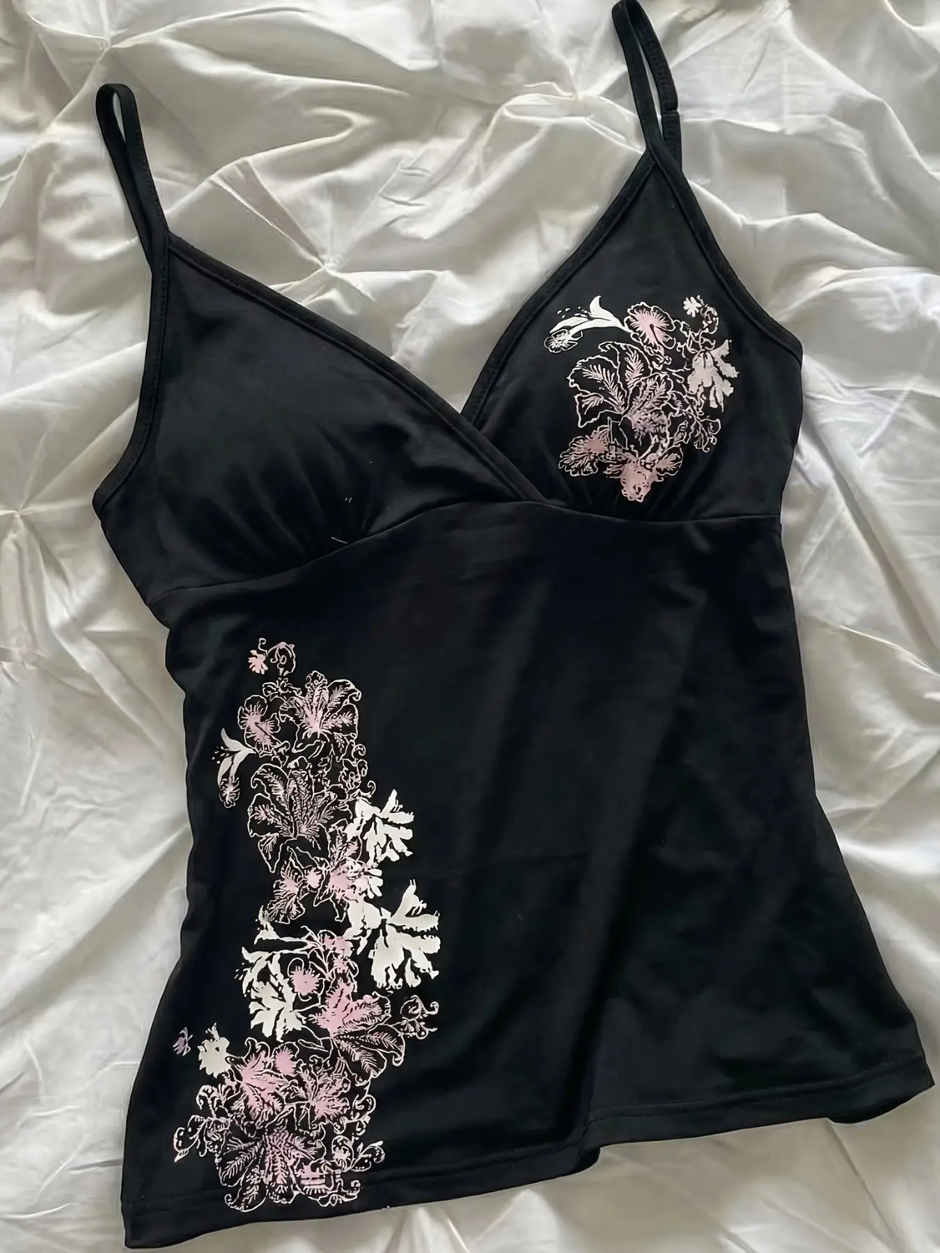 Spring Summer Y2K Millennial Girl Base Floral Strappy Deep V Slim Fit Short Top, Retro Print Fashion Versatile Shirt
