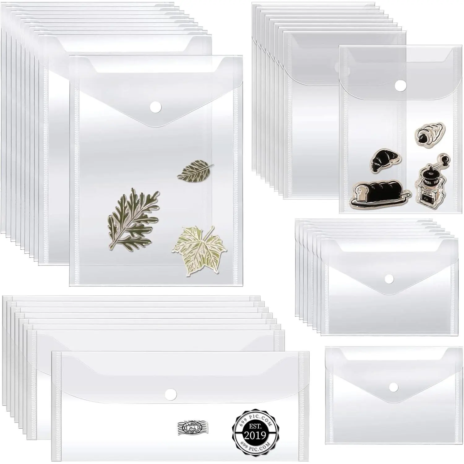 40 Pack Stamp and Die Storage Pockets, Reusable Small Plastic Envelopes Waterproof Sticker Organizer Receipt Holder Photo Storage Folders (Mixed Size)