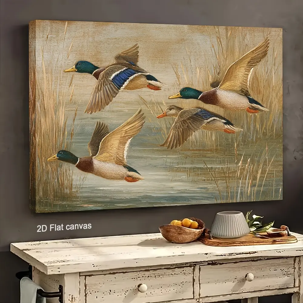 Artistic Retro-Style Green-Headed Duck Painting Print - 3 Ducks Flying Over Water, Wood-Framed Wildlife Home Decor, Ideal Thanksgiving Easter Gift for Home Office, Marble Houndstooth Accent Wall Art, Father's Day