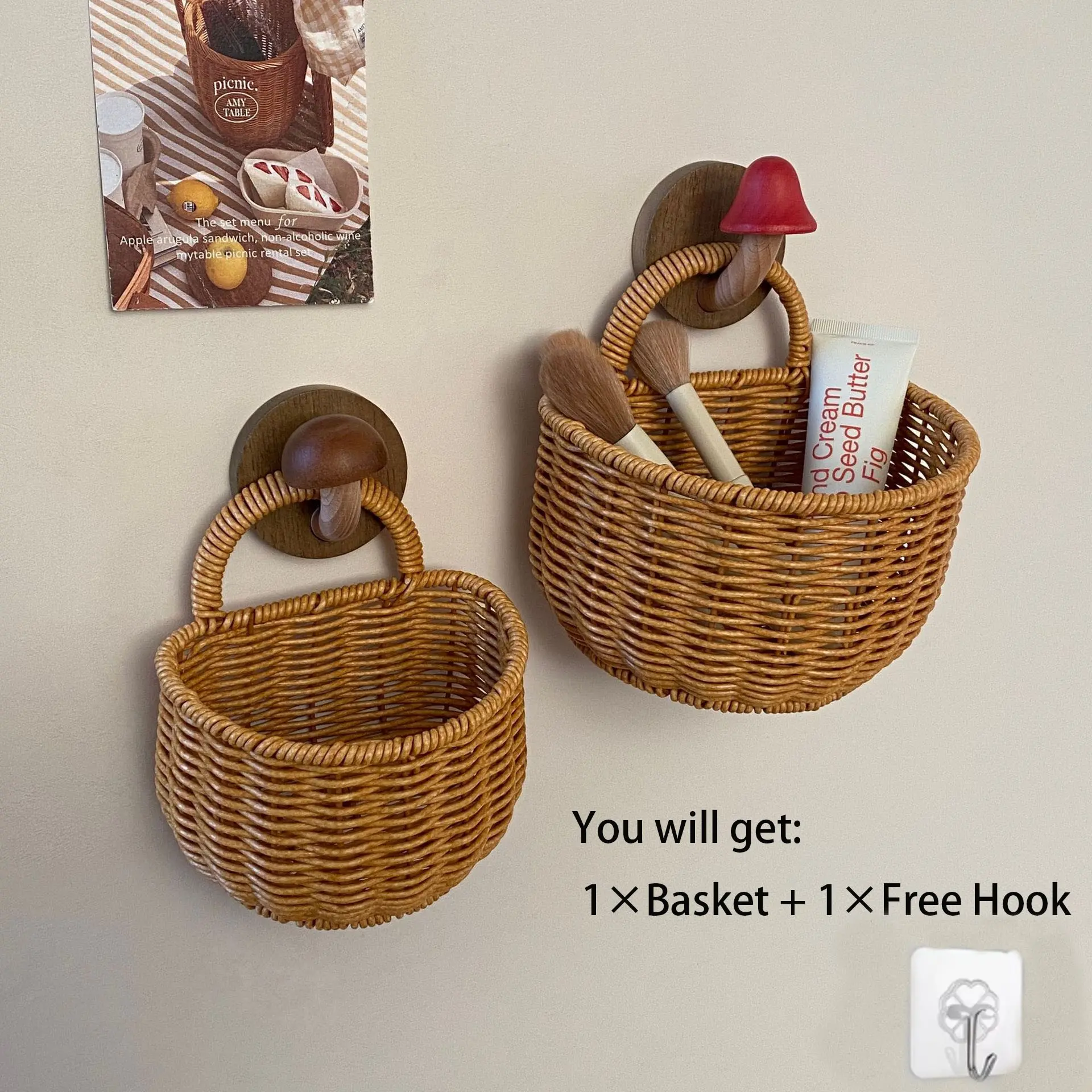 Wall-Mounted Woven Storage Basket with Adhesive Hooks, Ideal for Kitchen & Bathroom Organization, Small Hanging Basket for Cosmetics & Misc Items, Organizers and Storage