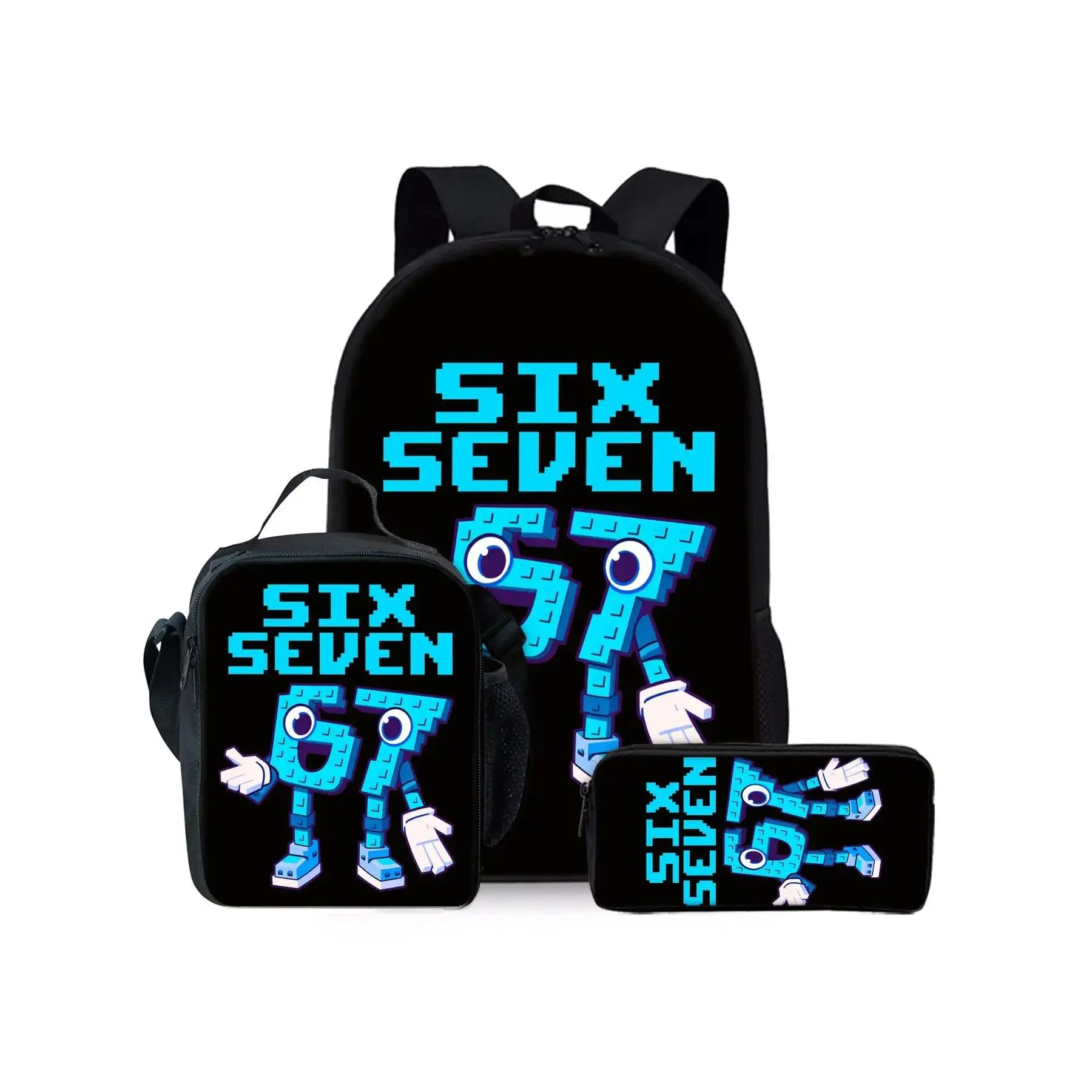 Cartoon character number 67 printed backpack three piece set including lunch bag and pencil case School Backpack Geometric Pattern Backpack Cute Daypacks