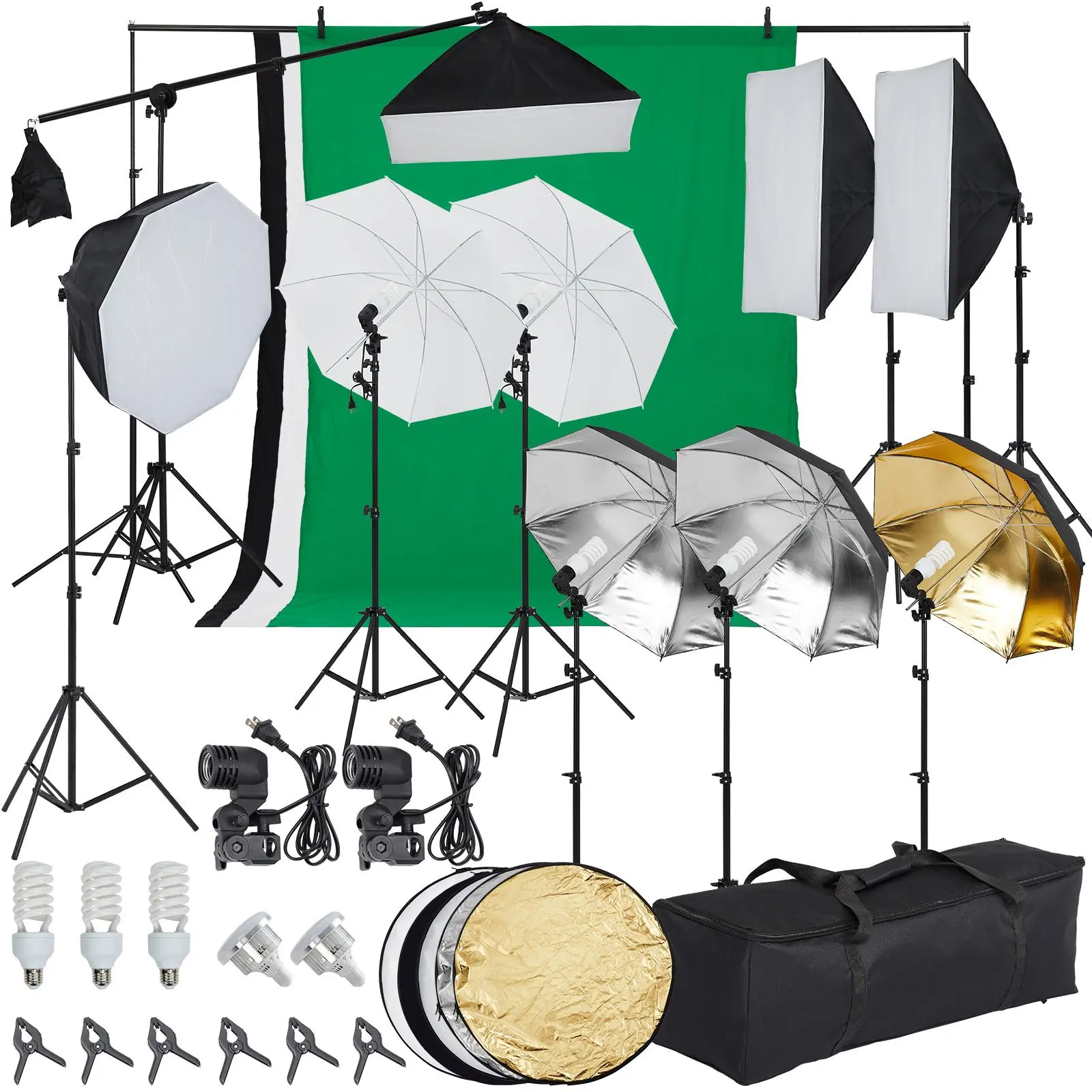 Complete Photography Lighting Kit – 8.5x10ft Backdrop Stand, 5 Tripod Stands, 45W LED Softbox, Umbrella – 5500K Daylight Studio Video Set
