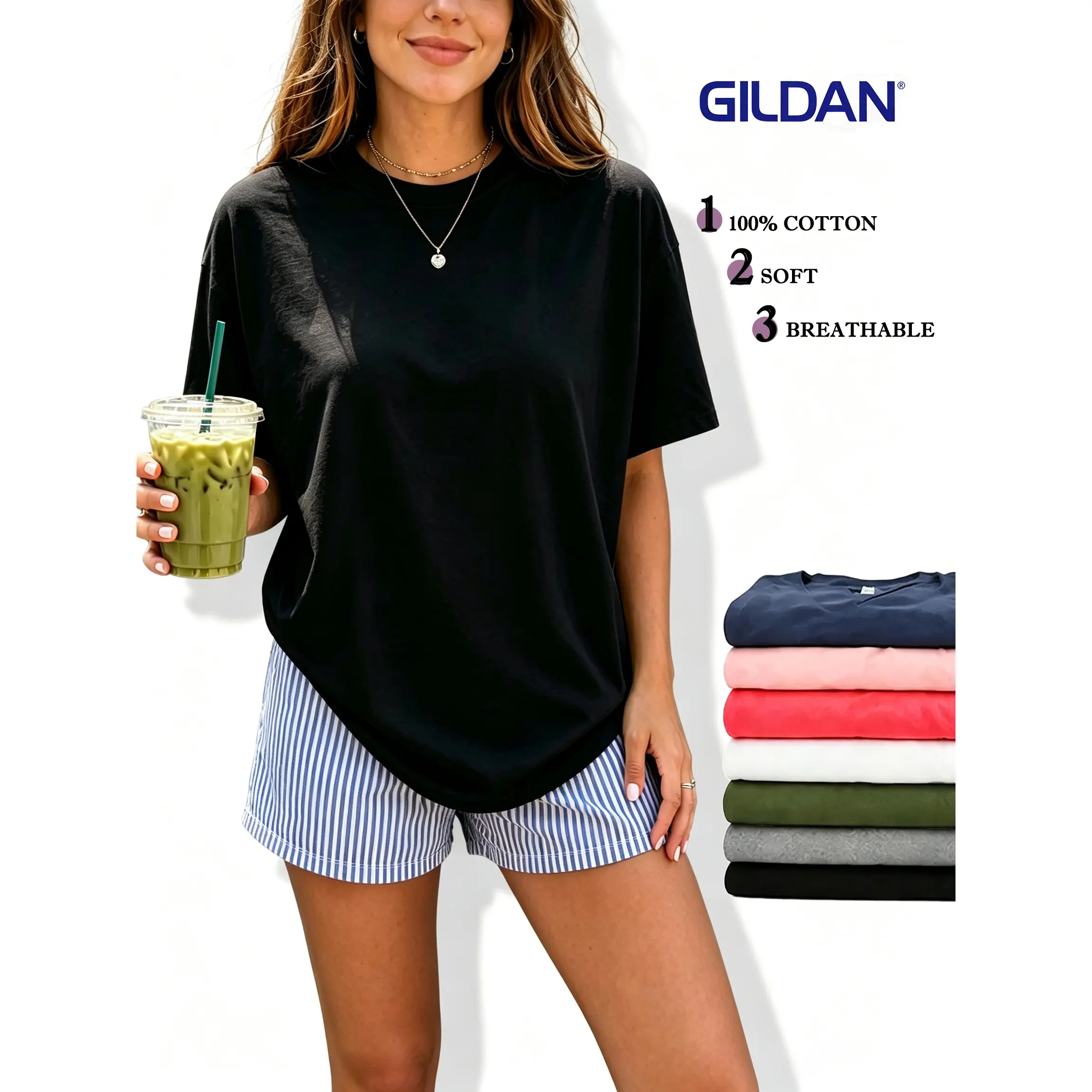 GILDAN 4 Pack Breathable 100% Cotton Plain Tee Women Casual Soft Loose Fit Short Sleeve T-Shirt Set O-Neck Basic Blank Top Multicolor Pack Clothing oversized tshirt