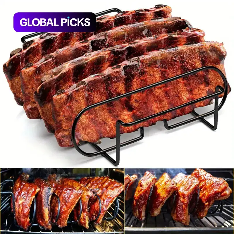 1pc Stainless Steel BBQ Rib Rack, Portable Grilling Tool for Outdoor BBQ and Smokers, Outdoor BBQ Utensils, Holds 4 Full Racks of Ribs, No Battery Required #GLOBAL PICKS