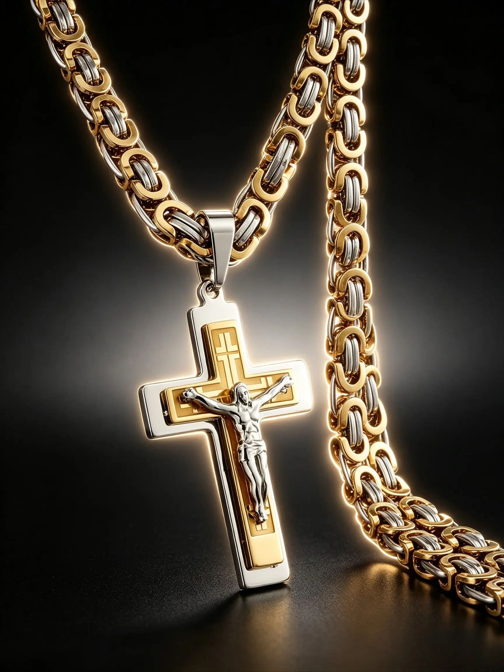 jesus crucifix cross necklace for men, 3 colors thick byzantine chain pendant, stainless steel religious faith hip hop jewelry, two tone gold silver punk statement chain, waterproof hypoallergenic street accessory, father birthday anniversary gift for him