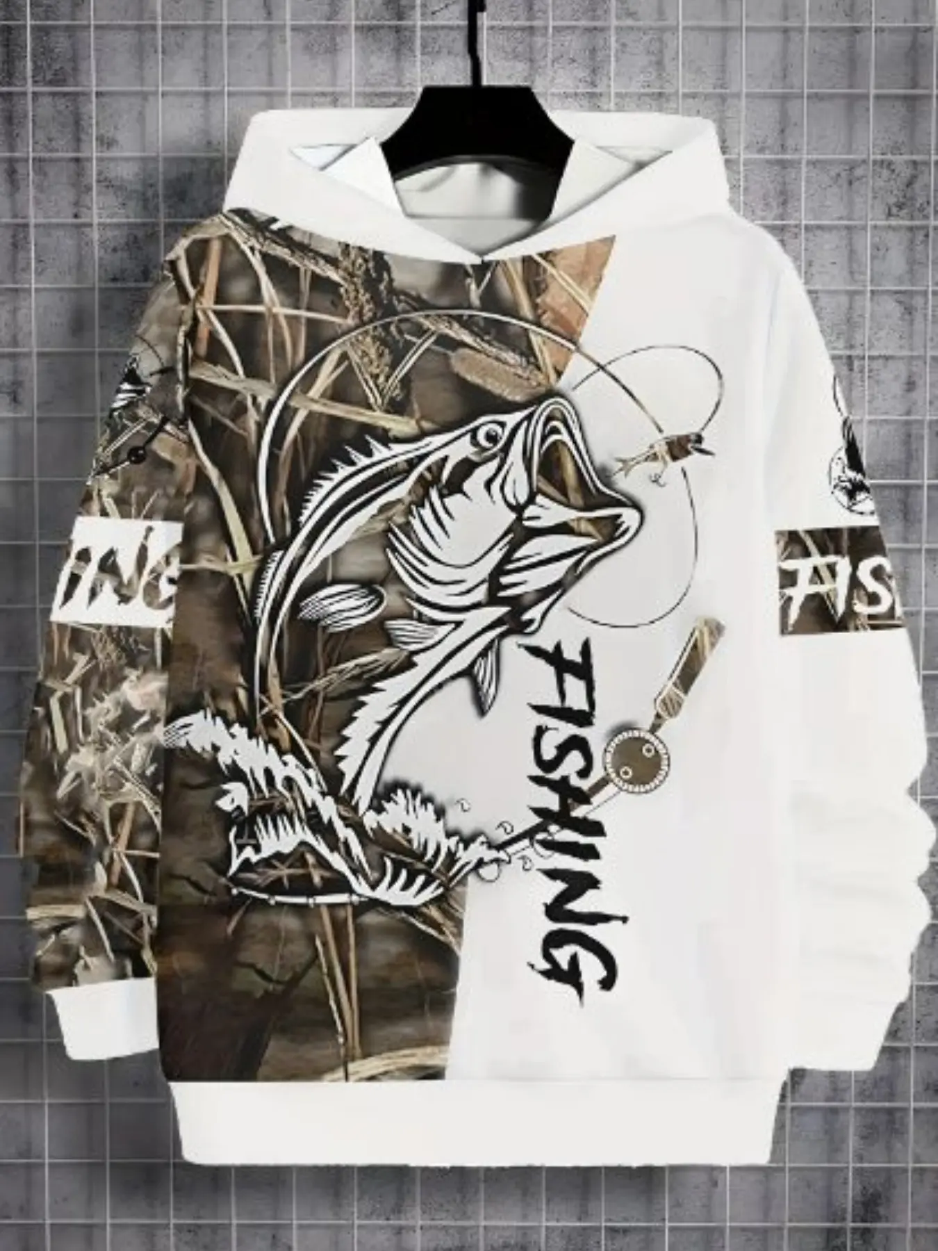 American Outdoor Fishing Theme Kids Hoodie, Reeds Jungle Camo Patch Base, Large Mouth Bass & Fishing Letter Full Print, Casual Outerwear