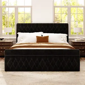 King Queen Size Platform Bed Frame, Luxury Retro Button-Tufted Upholstered Bed: Black Fabric Neoclassical Master Bedroom Large Bed with Haute Couture Texture, a Stylish Bedroom Bed Frame  BLACK
