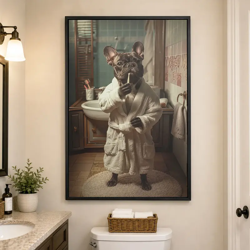 Artistic Framed Canvas Dog Wall Decor, Cute French Bulldog in Furry Pajamas with Toothbrush Bathroom Scene, Home Office Kitchen Decor, Dog Lover Gift, French Bulldog Wall Art, Funny Dog Wall Art, Pet Wall Decor, Bathroom Wall Art, Animal Wall Art