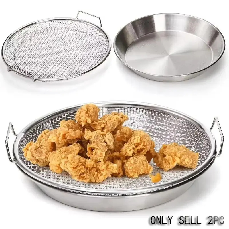 Stainless Steel Oil Drainer with Tray, Foldable Round Metal Net Fry Basket, Non-Stick Oil Resistant, Kitchen Tool for Frying and Washing Vegetables