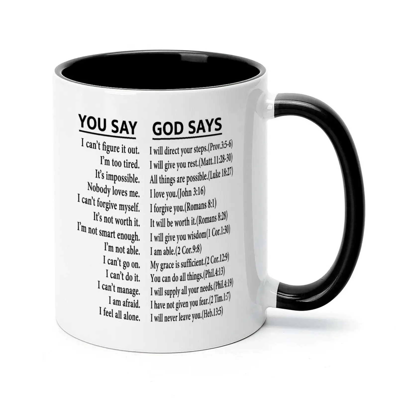 You Say God Says Bible Verses Two-Tone White Ceramic Coffee Mug with Black Interior & Handle, Inspirational Scripture Drinkware for Christian Men & Women, Religious Easter Baptism Gift, Daily Affirmation Faith Based Cup
